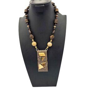 Handcrafted Wood Bead Necklace Leather on Copper Pendant w/ Geometric Stones